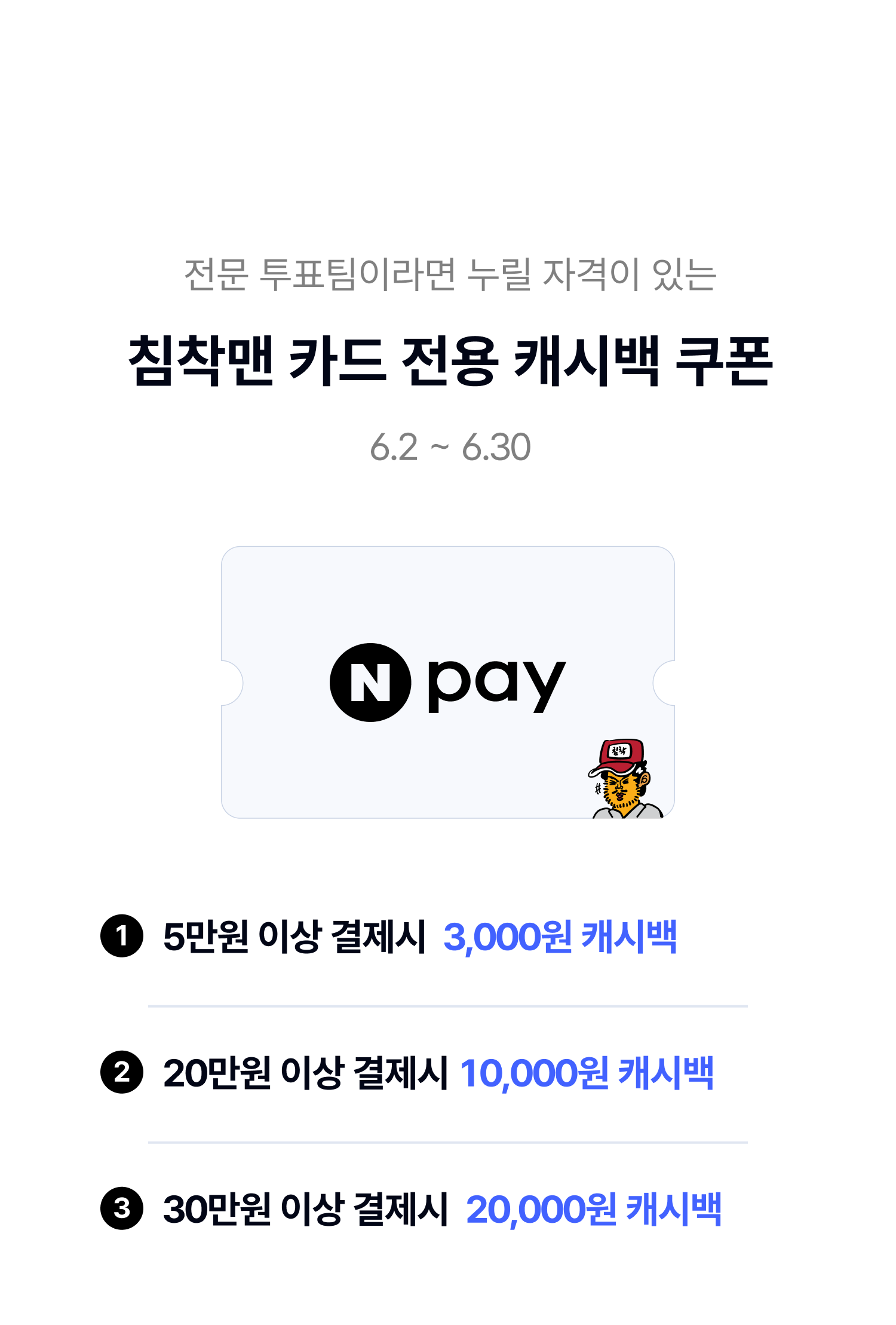전문 투표팀이라면 누릴 자격이 있는 침착맨 카드 전용 캐시백 쿠폰 6.2~6.15 5만원 이상 결제시 3,000원 캐시백 20만원 이상 결제시 10,000원 캐시백 30만원 이상 결제시 20,000원 캐시백
