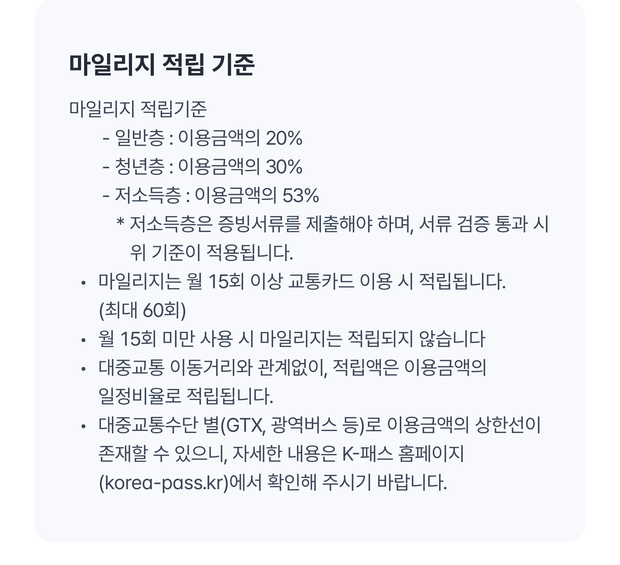 마일리지 적립 기준
마일리지 적립기준
       - 일반층 : 이용금액의 20%
       - 청년층 : 이용금액의 30%
       - 저소득층 : 이용금액의 53%
 *저소득층은 증빙서류를 제출해야 하며, 서류 검증 통과 시 
   위 기준이 적용됩니다.
마일리지는 월 15회 이상 교통카드 이용 시 적립됩니다.
      (최대 60회)
월 15회 미만 사용 시 마일리지는 적립되지 않습니다
대중교통 이동거리와 관계없이, 적립액은 이용금액의 일정비율로 적립됩니다.
대중교통수단 별(GTX, 광역버스 등)로 이용금액의 상한선이 존재할 수 있으니, 자세한 내용은 K-패스 홈페이지(korea-pass.kr)에서 확인해 주시기 바랍니다.